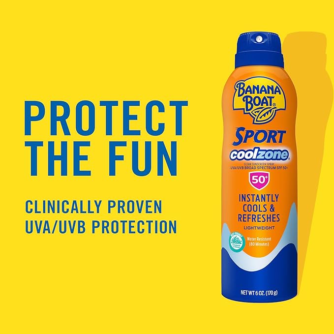 Banana Boat Sport Cool Zone SPF 50 Sunscreen Spray, 6oz, Sport Sunscreen Spray SPF 50, Clear Sunscreen Spray, Banana Boat Sunscreen Spray SPF 50, Oxybenzone Free Sunscreen, 6oz