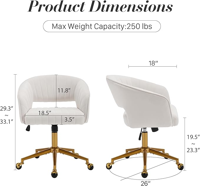 Home Office Swivel Desk Chair, Modern Velvet Vanity Chair, Height Adjustable Armchair with Gold Base, Ergonomic Office Chair for Task Study Computer Room, Beige