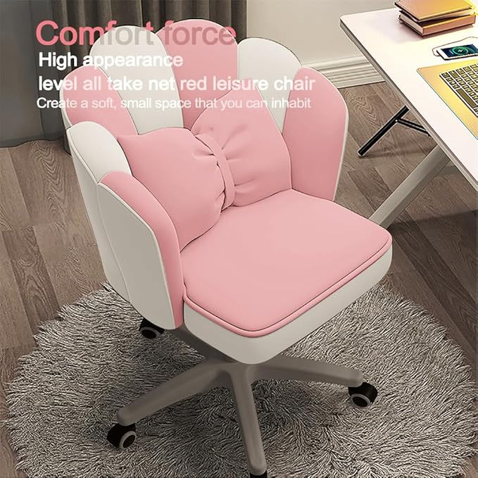 Petal Desk Chair with Bow Cushion Velvet Vanity Chair with Wheels, Upholstered Home Office Chair for Girls Women, Mid-Back Swivel Computer Task Chairs for Living Room Bedroom
