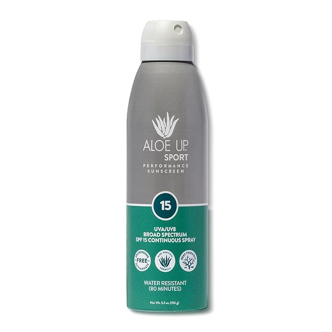 Aloe Up Sport Spray Sunscreen SPF 15 – Broad Spectrum Sunblock with Hydrating Aloe Vera Gel – Fast Absorbing, No White Cast, Reef Friendly, Water Resistant up to 80 Minutes, Fragrance Free – 6 Oz