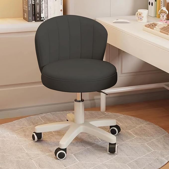 Small Desk Chair Round Rolling Chair with Back PU Leather Height Adjustable Swivel Vanity Work Computer Stool Chair for Home Office Bedroom, Set of 2