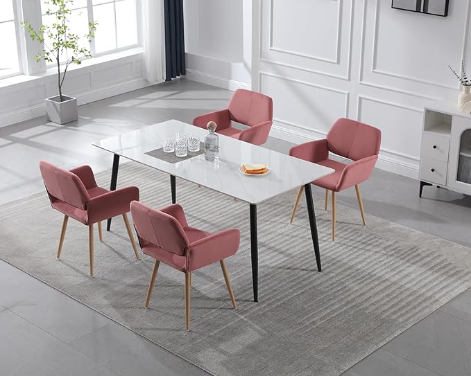 KCC Small Modern Dining Room Arm Chairs Set of 4, Mid-Century Upholstered Velvet Side Seat Club Guest with Metal Tube Legs for Kitchen, Living Room, Rose