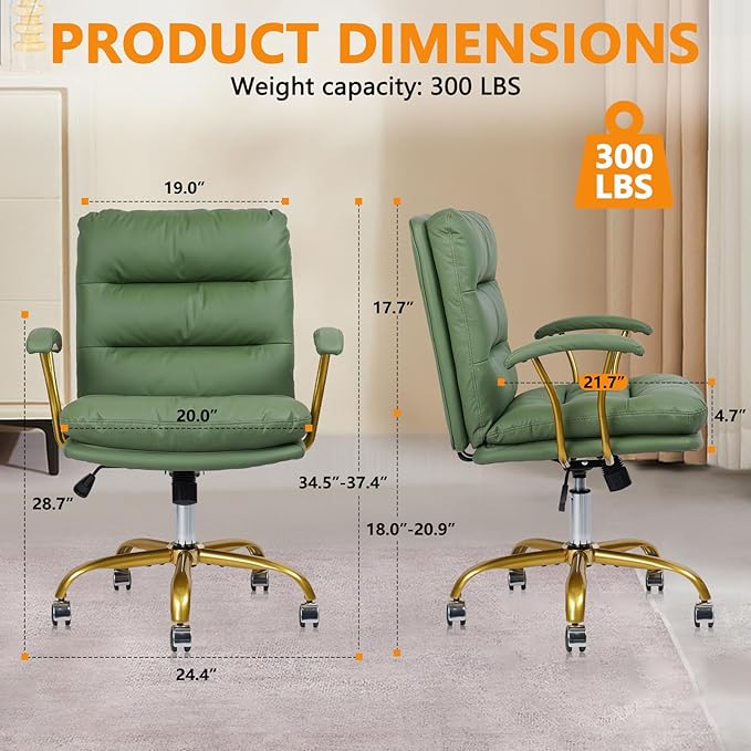 Leather Home Office Desk Chair, Mid-Back Vanity Chair Make Up Chair with Gold Wheels and Armrests, Rolling Swivel Computer Task Chair for Office Bedroom Living Room Girls Women, Green, 2 Pack