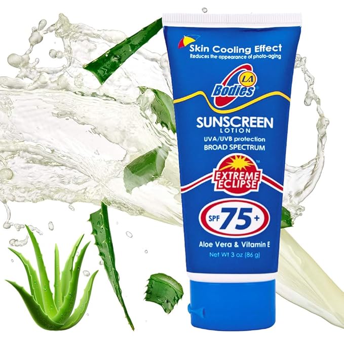 Sunscreen Moisturizing Face & Body Lotion (SPF 75) w/Aloe Vera for Cooling Sensation | Works with Acne Prone Skin | UVA UVB Protection Sunblock | 3oz