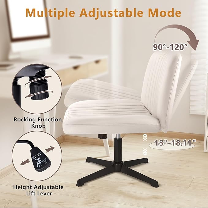 Criss Cross Chair, Cross Legged Desk Office Vanity Chair, Comfortable Beige Vanity Stool with Back, Armless Fabric Adjustable Wide Swivel Criss Cross Desk Chair for Home Office