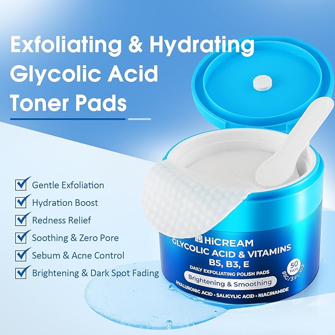 Glycolic Acid Exfoliating Pads, Dual-Textured Facial Toner for Pore Care & Skin Radiance, Deep Cleansing Peel with Niacinamide, Salicylic Acid & Vitamins E, B3, B5 (50 Pads)