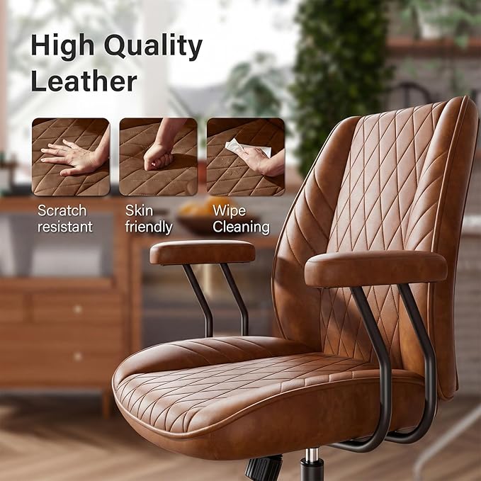 Brown Leather Office Desk Chair with Quiet Rubber Wheels, Height Adjustable, Padded Arms, Vintage Mid Century Office Chair, Retro Style Desk Chair
