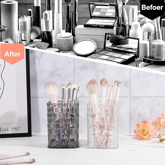 DASITON Makeup Brush Holder Organizer, Acrylic Makeup Brushes Storage Cup, Woven Texture Make Up Brush Holder for Vanity Bathroom Office, Pen Holder for Desk, Cosmetic Display Cases (Clear S)