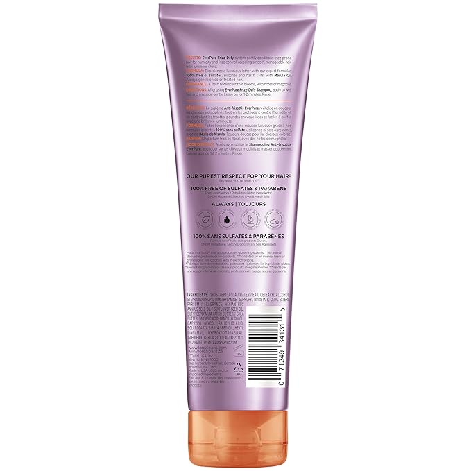 L'Oreal Paris Sulfate Free Frizz Defy Conditioner, Frizz Control Hair Care with Marula Oil, EverPure, 8.5 Fl Oz (Packaging May Vary)