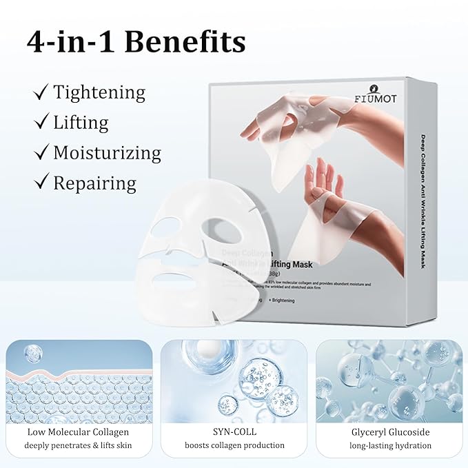 Rosemine Deep Collagen Anti-Wrinkle Lifting Overnight Mask Facial sheet masks with low molecular weight collagen for lifting, firming, and moisturizing 5 Packs
