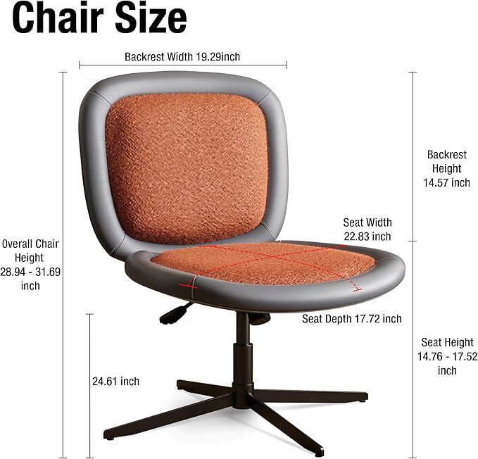 Nordic Armless Ergonomic Office Chair with Wheels, Diamond Tufted PU Leather Computer Chair, Adjustable Height Desk Chair with Solid Wood Back for Small Home Office (No Wheels-Orange)