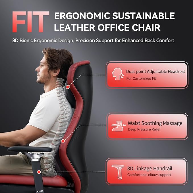 EMIAH GT100 Electric Ergonomic Office Chair with Foot Rest, Sustainable Leather Reclining High Back Desk Chair with Adjustable Headrest, 8D Coordinated Armrests Computer Chair with Lumbar Support（Red）