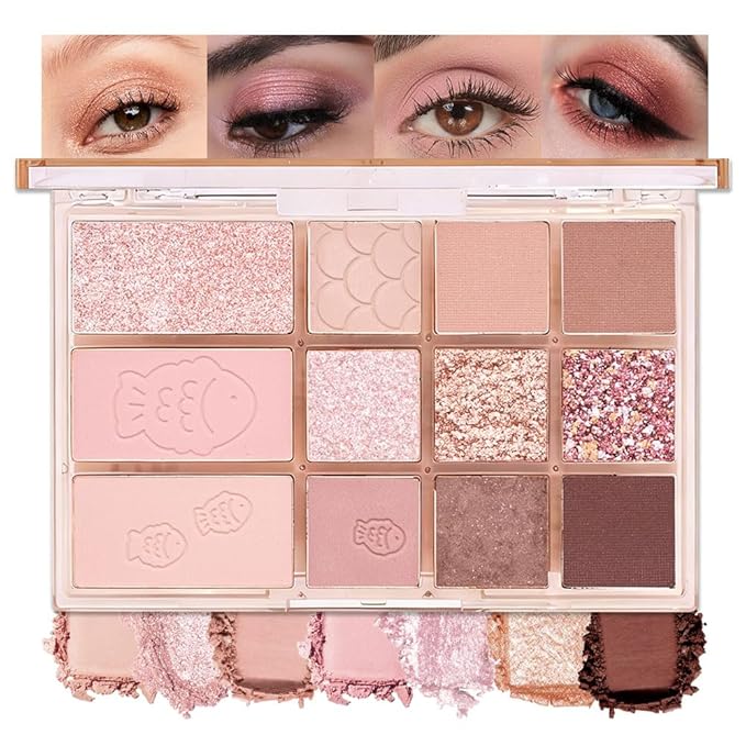 SUAKE Nude Pink Eyeshadow Palette, Matte & Shimmer, High Pigmented 12 Colors Brown Purple Eye Shadow Primers for Eye Makeup, Korean Powder Palet de sombras de ojos (04# Red Bean)