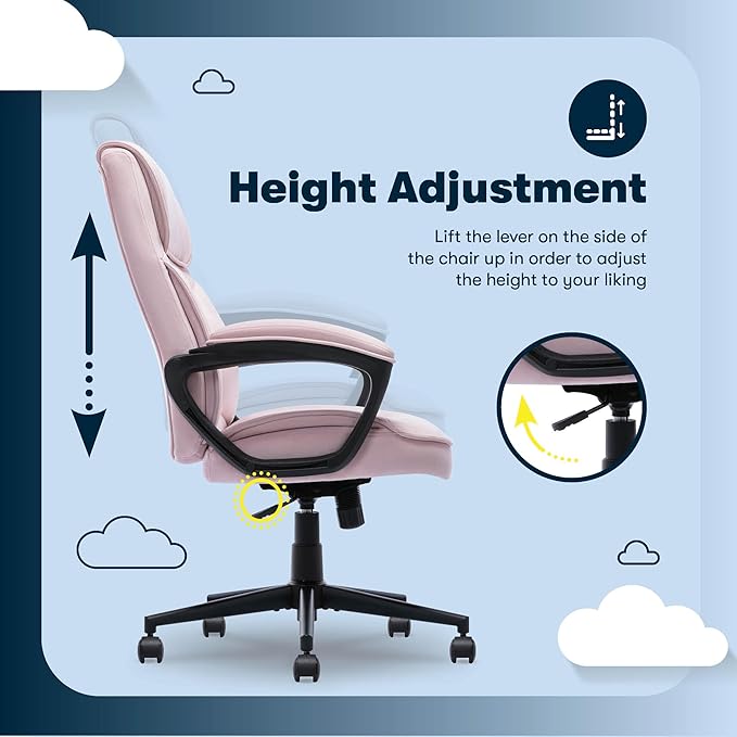 Serta Comfort Classic Executive Office Chair, Ergonomic Mid-Back Computer DeskChair with Lumbar Support, Semi-Plush Cushion and Body Pillows, Padded Armrests, Swivel Base, Pink Velvet Fabric