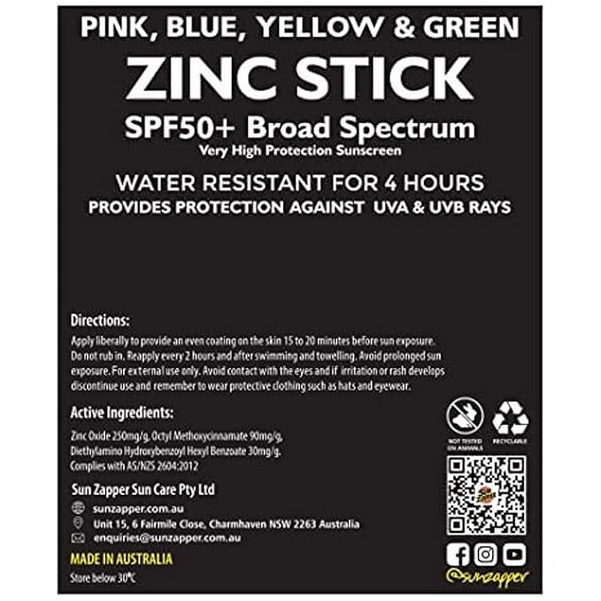 Sun Zapper Zinc Oxide Mineral Sunscreen Stick – SPF 50+ Water Resistant – 4-Pack (Pink, Blue, Green, Yellow) Rainbow Pack – For Face & Body – Made in Australia