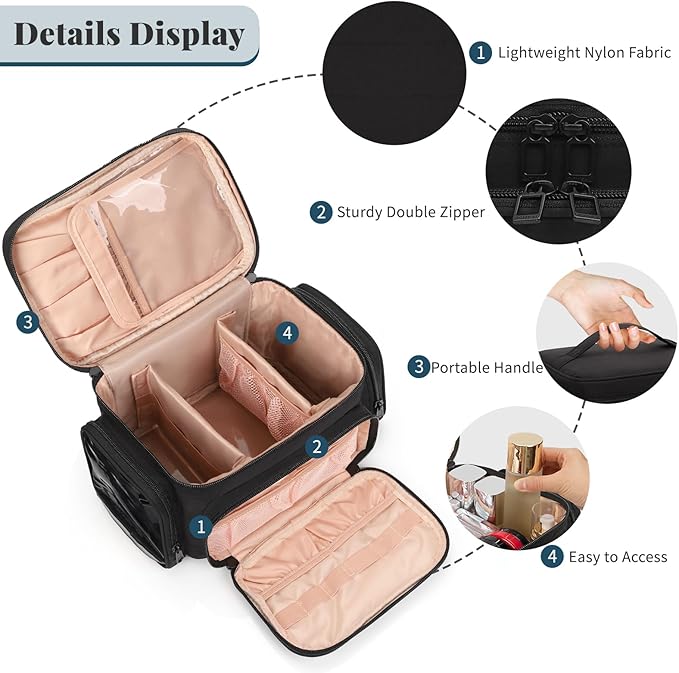 Travel Makeup Bag, Lightweight Large Makeup Bag Organizer for Women Girls with Makeup Brush Compartment & Two Side Pockets, Cosmetic Travel Bag Vertical Storage- Black02