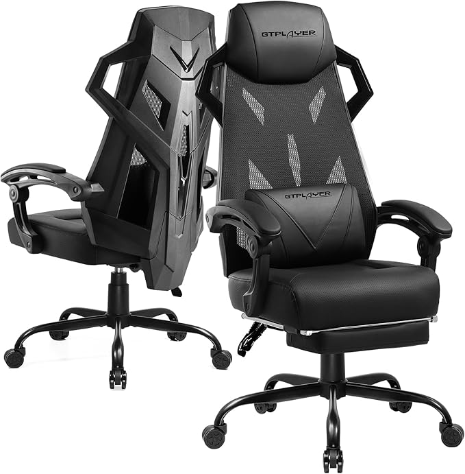 GTPLAYER Gaming Chair, Computer Chair with Mesh Back, Ergonomic Gaming Chair with Footrest, Reclining Gamer Chair with Adjustable Headrest and Lumbar Support for Gaming and Office (Black)