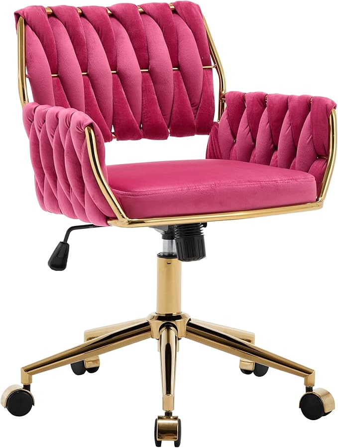 civama Velvet Office Desk Chair with Hand Woven Backrest, 360°Swivel & Height Adjustable Cute Girls Vanity Vlog Chairs, Nail Salon Bedroom Dressing Room Armchair with Gold Base and Wheels (Hot Pink)