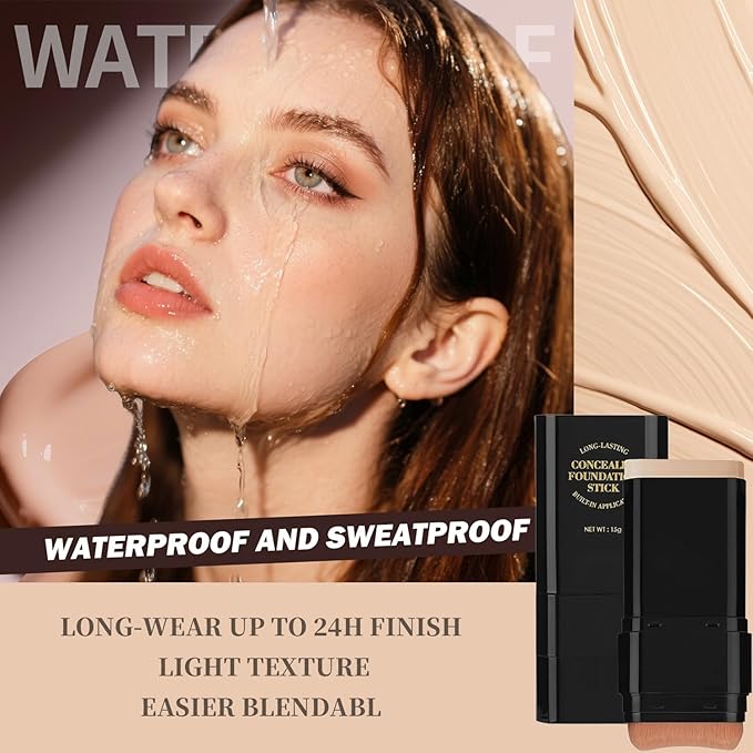 Foundation Stick, 2 in 1 Dual-Ended Long-Lasting Face Contouring Foundation, Concealer Stick with Brush, Full Coverage for Dark Circles & Blemishes, Hydrating Matte Contour Sticks for Face Makeup (04)