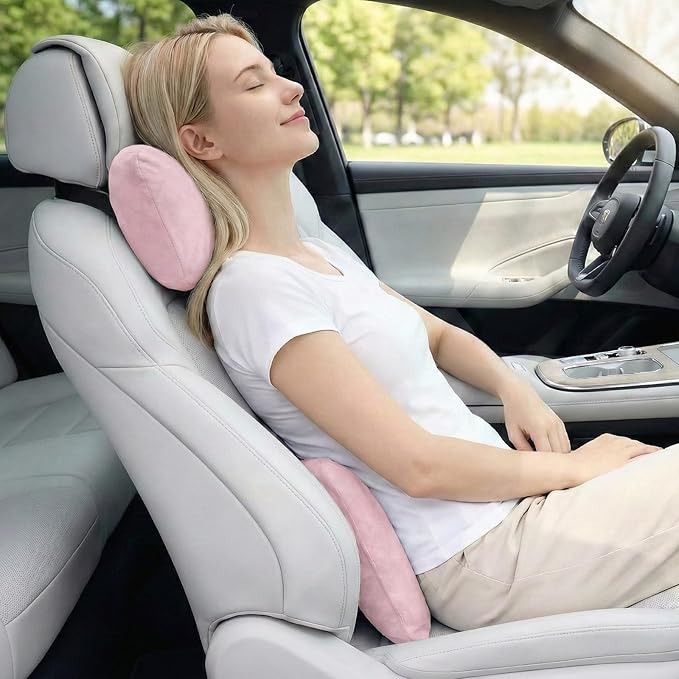 2PCS Car Pillow for Car Neck Pillow for Driving Seat Leather Neck Support Soft Cushion Back Support Head-Rests for Vehicle Sleeping with Elastic Adjustment Strap (Light Pink, Head and Lumbar)