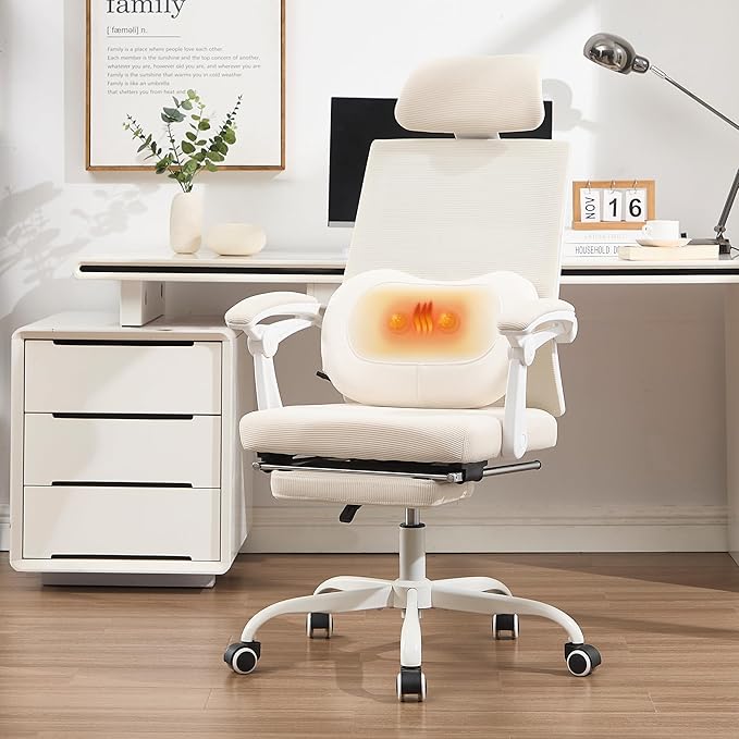 Qulomvs Ergonomic Office Chair with Massage&Heated Lumbar Support, Kneading Massage Office Chair with Foot Rest, Reclining Home Office Desk Chair Adjustable Mesh Computer Desk Chair with Wheels