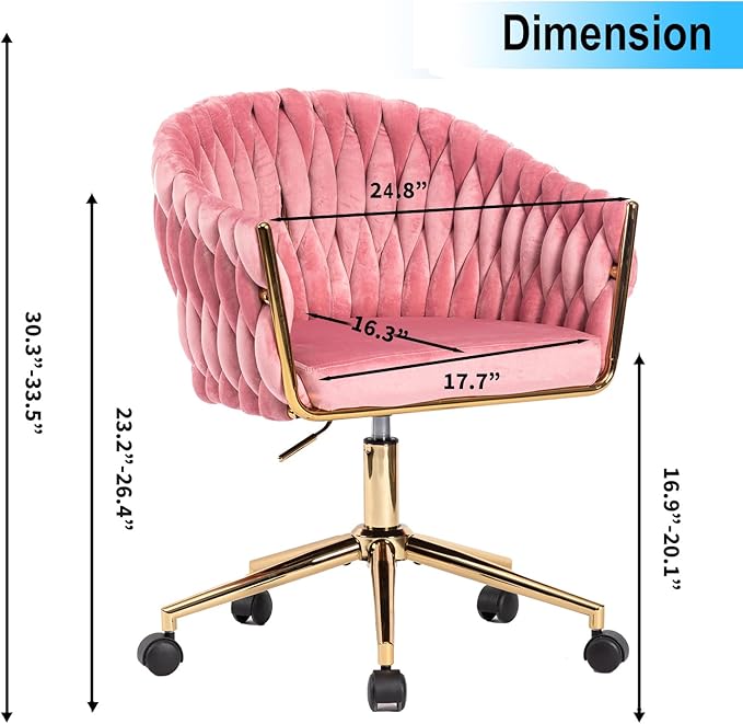 Cute Velvet Office Chair with Back and Golden Wheels, 360° Swivel Small Office Desk Chair Makeup Vanity Chair for Bedroom, Pink Rolling Chair