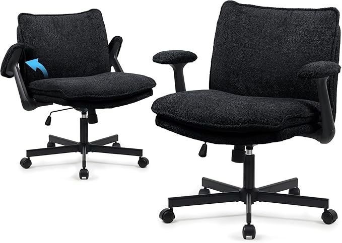 Criss Cross Legged Office Chair with Wheels and Flip-Up Arms, Upholstered Criss Cross Desk Chair, Wide Seat Chairs for Home Office, Vanity, Apartment, Black