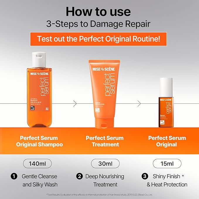 Mise En Scene Perfect Original Serum Hair Care Set | Travel Size Hair Products for Frizzy and Dry | Mini Hair Oil for Heat Protection | Damage Repair Shampoo & Treatment | Gift set for women (3 Count)