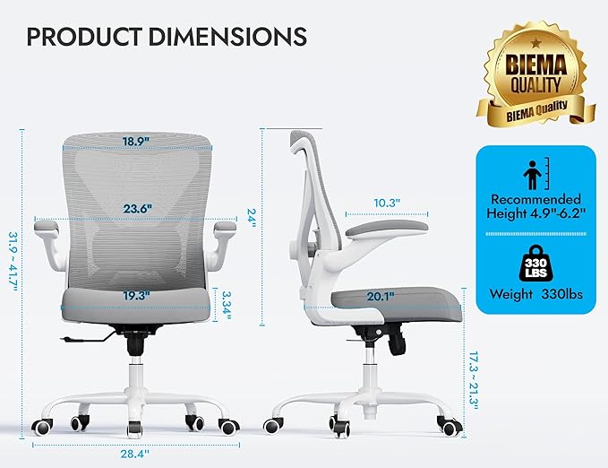 Office Chair Ergonomic Desk Chair Comfy: 330LBS Mesh Computer Chair Ergonomic Gaming Chairs with Wheels Adjustable Lumbar Support and Flip up Armrest-Swivel Executive Chairs Long Hours(White Gray)
