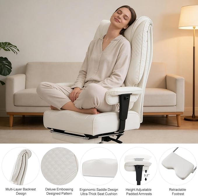 Big and Tall Office Chair 400lbs Wide Seat, Leather High Back Executive Office Chairs with Foot Rest, Ergonomic Lumbar Support for Lower Back Pain Relief (White)