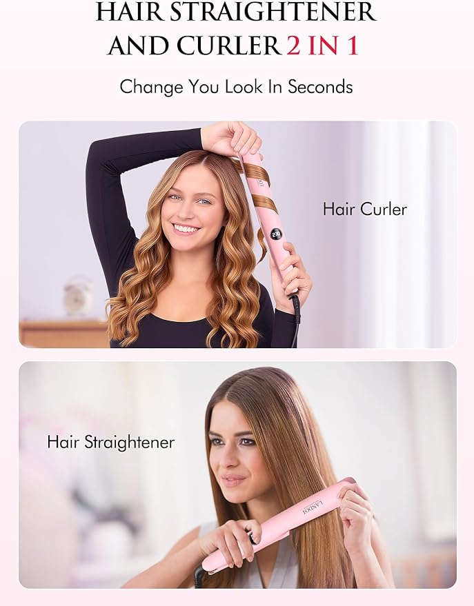 LANDOT 2-in-1 Hair Straightener and Curler - Pro 1" Multi-Styler with Twist & Curl Technology, Tourmaline Ceramic, Dual Voltage Adjust Temp 250-450°F for All Hair Types, Blush Pink