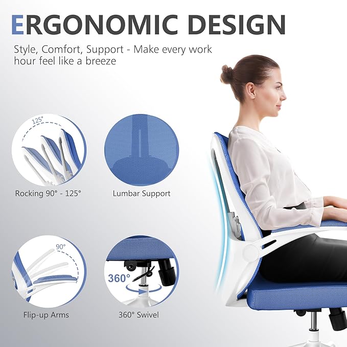 Ergonomic Office Chair Desk Chair - Mesh Computer Chair with 360° Swivel Wheels, Adjustable 90-130° Recline & Lumbar Support for Home Office, Supports up to 300lbs (01Blue)