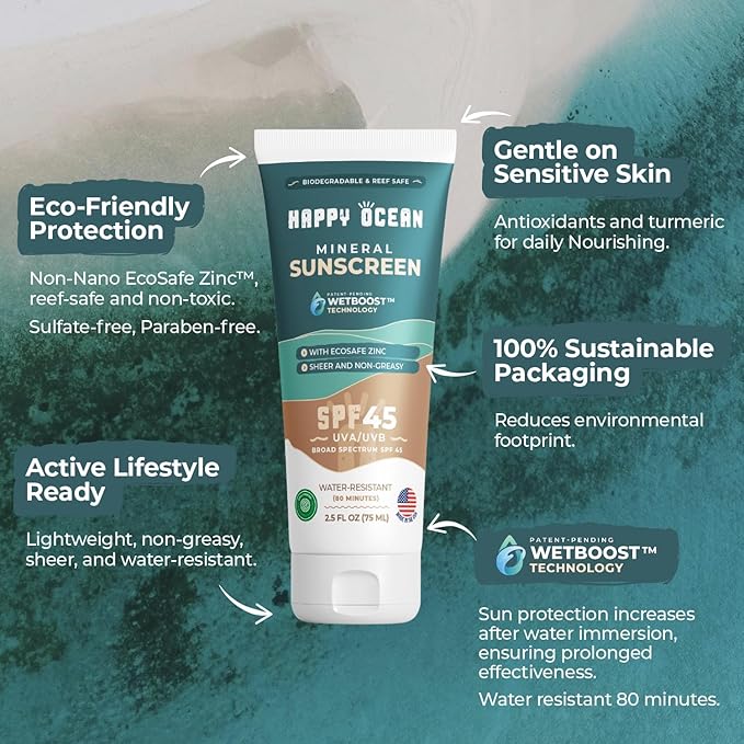 Mineral Sunscreen SPF 45, Reef Safe Sunscreen, Biodegradable Travel Size, Non-Nano Zinc Oxide, Non-Greasy, Water Resistant, Face & Body