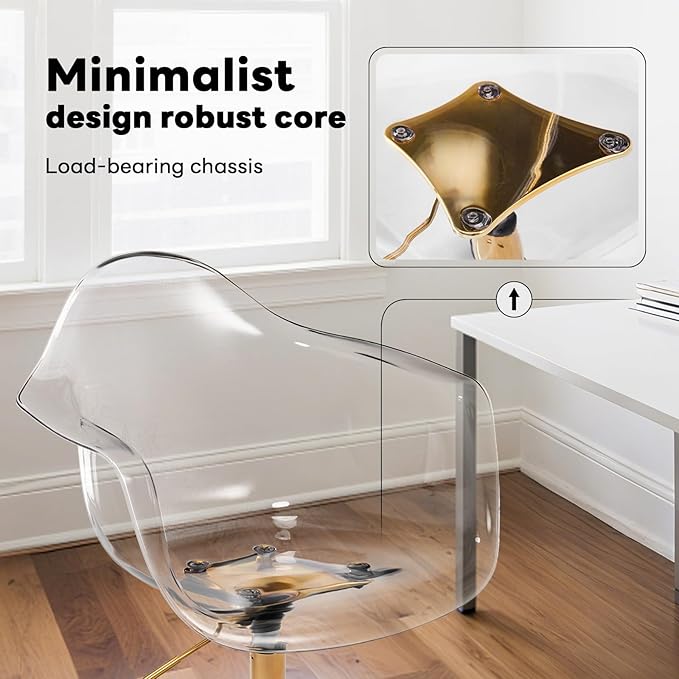 Lessmore Clear Desk Chair, Adjustable Acrylic Home Office Chair with Wheels, Swivel Vanity Rolling Chair Swivel Task Chair for Office, Home, Make Up, Small Space, Bed Room(Gold)