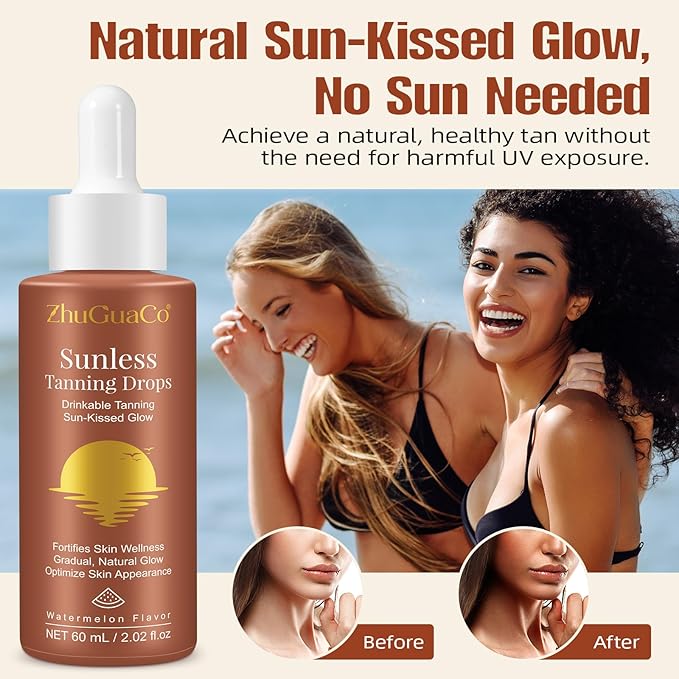 Sunless Tanning Drops to Drink, 2PCS Tan Theory Drops to Drink, Sunless Tanning Liquid Drop, Moisturizing Tanner for Face and Body, Enhancing Your Natural Skin Tone(2PC)
