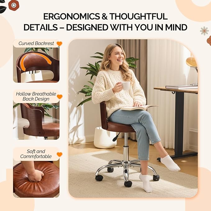 VINGLI Armless Home Office Desk Chair, Adjustable Swivel Chair,Dual-Use with/no Wheels,Small Retro Designed Walnut Curved Task Chair,Cushioned Nail Tech Chair for Study Area,Workspace,PU,Brown