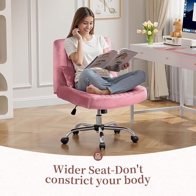 Warmiehomy Velvet Criss Cross Desk Chair with Wheels, Luxury Cross Legged Office Chairs for Home Office, Swivel Wide Seat Vanity Chair, Armless Adjustable Height Gaming Chair Gift, Rose Pink