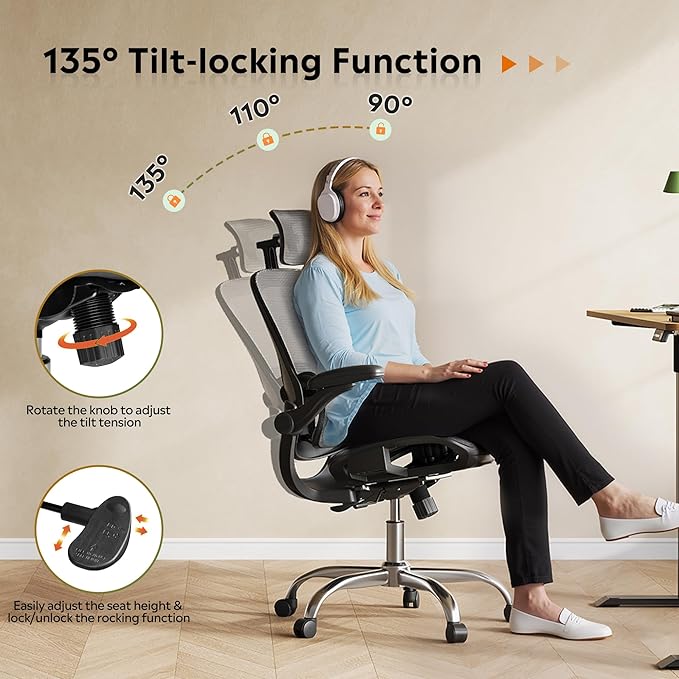 DEVAISE Ergonomic Mesh Home Office Desk Chair with Lumbar Support, High Back Reclining Computer Gaming Chair with Flip-up Armrests, 3D Headrest, Tilt Lock, Heavy Duty, SGS Class 4 Gas Lift, Black