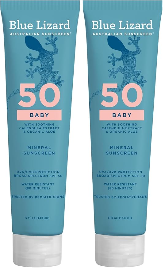 Blue Lizard BABY Mineral Sunscreen with Zinc Oxide,SPF 50+,Water Resistant,UVA/UVB Protection with Smart Cap Technology - Fragrance Free,5 oz. Tube,(Pack of 2)