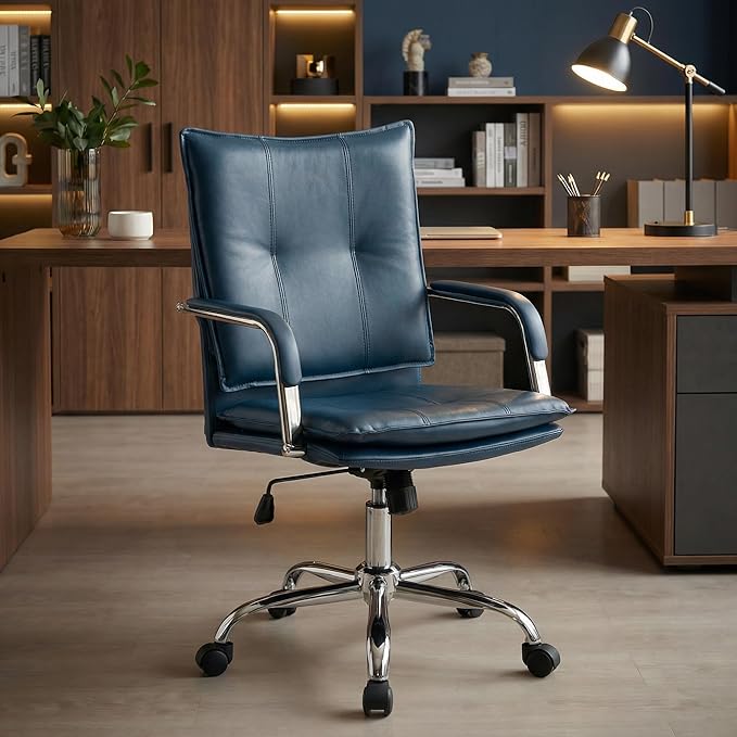MOJAY Office Chair, Leather Desk Chair, Brown Desk Chair, Mid Century Modern Office Chair, Swivel Comfy Upholstered Wide Seat Chair with Gold Legs and Armrests for Home, Office (Dark Blue&Silver)