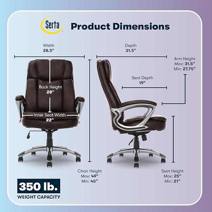 Serta Fairbanks Big and Tall Executive Office Chair - Ergonomic High Back Computer DeskChair with Lumbar Support, Memory Foam Seat Cushion, Padded Armrests, Bonded Leather, 350 lb Capacity - Brown