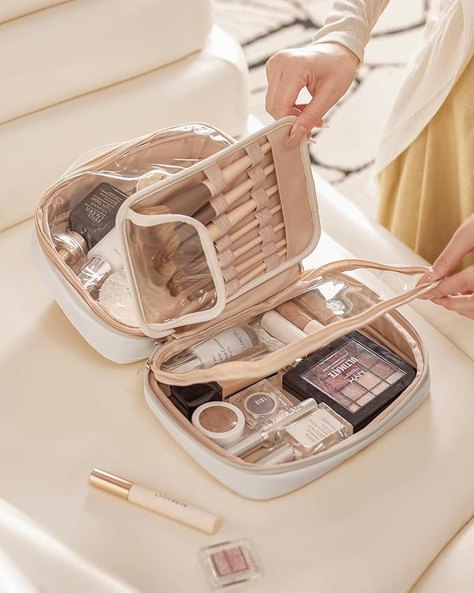 EACHY Travel Makeup Bag, Large Capacity Cosmetic Bag for Women, Waterproof PU Leather, Flat Open Portable Toiletry Bag for Skincare, Brushes & Travel Essentials
