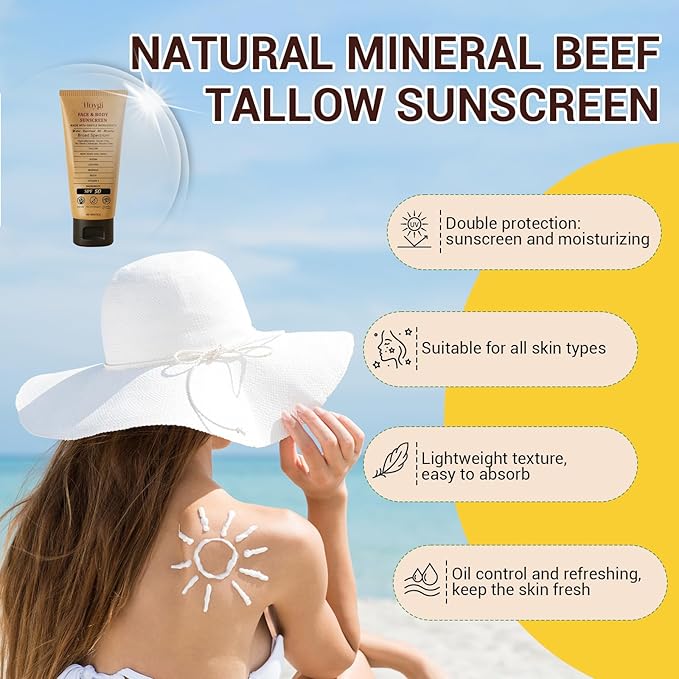 Beef Tallow Sunscreen, Natural Mineral Beef Tallow & Zinc Oxide Sunscreen SPF 50, Refreshing and Non-greasy Safest Formula, Water-Resistant Moisturizing for Women Men 3 oz (85 g)