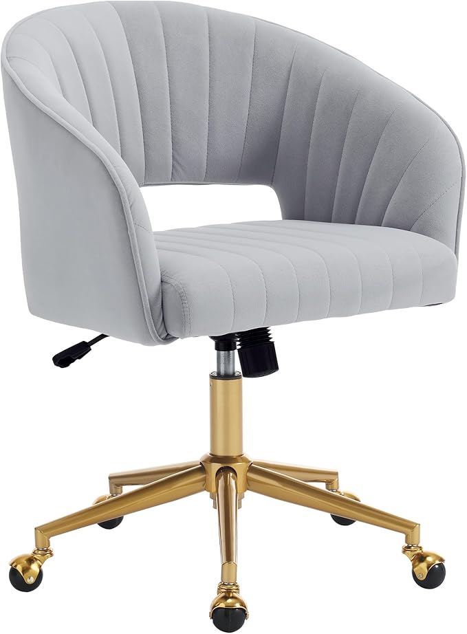 Home Office Chair Swivel Velvet Desk Chair Accent Armchair Upholstered Modern Tufted Chairs with Gold Base for Girls Women Ergonomic Study Seat Computer Task Stools for Living Room(Light Gray)