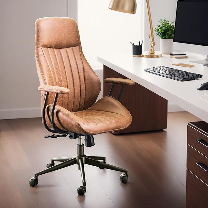 HOOOWOOO Faux Suede Leather Home Office Desk Chair,MCM Modern Ergonomic Task Work Chair,Computer Gaming Chair with Cushion Seat Lumbar Support Reclining High Back for Long Hours(Brown)