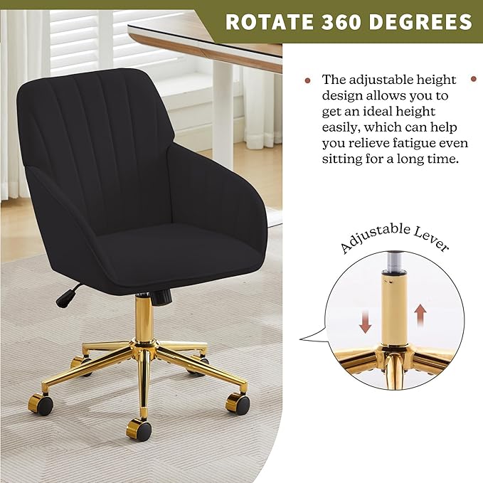 Velvet Home Office Desk Chair, Modern Cute Computer Task Chair with Back, Height Adjustable Upholstered Vanity Chair with Swivel Wheels for Women, Girls (Gold Base, Black