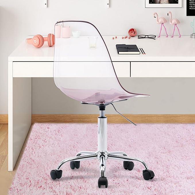 HOMEFUN Clear Desk Chair, Acrylic Rolling Armless Vanity Swivel Height Adjustable Ghost Molded Plastic Home Office Chairs with Wheels, Pink