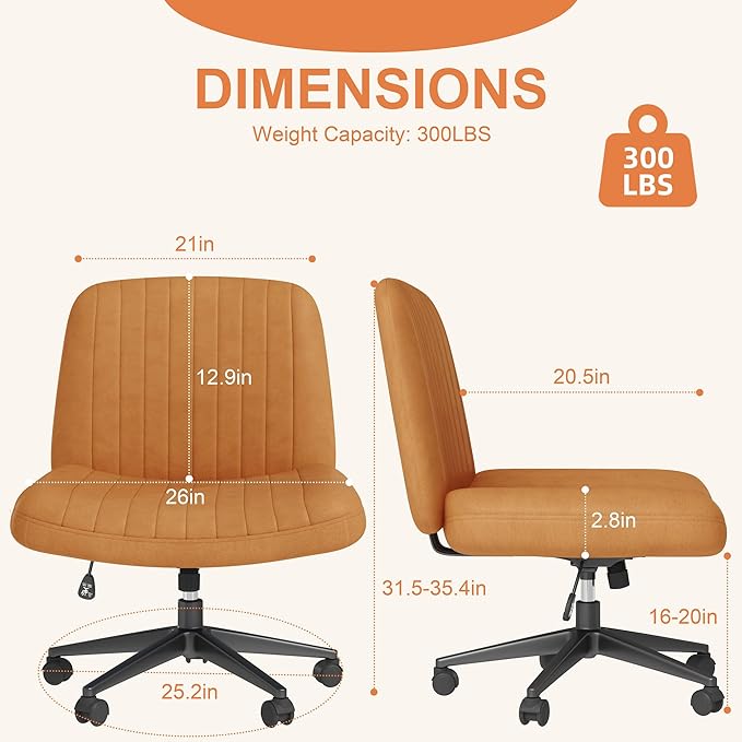Shintenchi Criss Cross Chair,Cross Legged Office Seat with Wheels Armless Swivel Vanity Chair,Height Adjustable Wide Computer Task Seating for Home Office,PU Leather,Orange