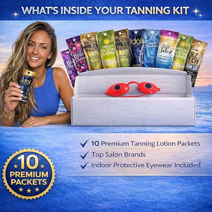 10 Pack of Tanning Bed Lotion Packets + Eyewear, The Tan Box is a Random Selection, Best Indoor UV or Outdoor Sun Cream, Dark Accelerator with Goggles (0.5 oz each)
