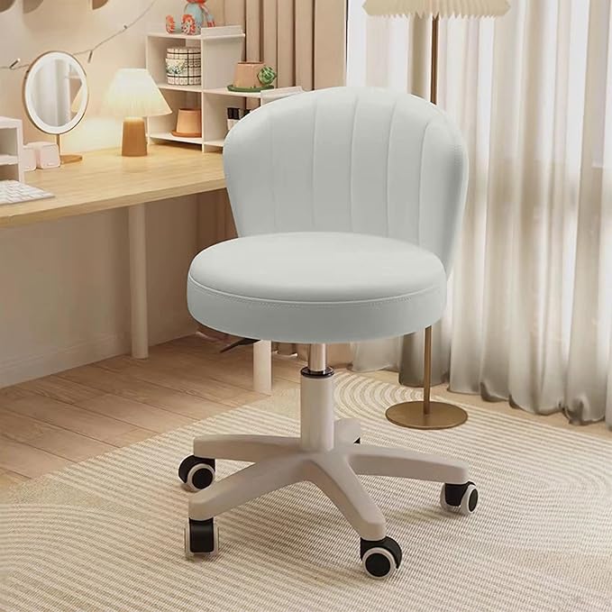 Small Desk Chair Round Rolling Chair with Back PU Leather Height Adjustable Swivel Vanity Work Computer Stool Chair for Home Office Bedroom